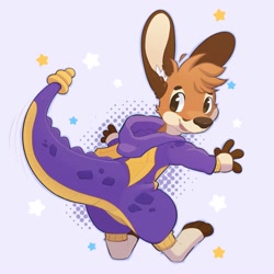 Size: 2000x2000 | Tagged: safe, artist:oliveteacake, kangaroo, mammal, marsupial, ambiguous gender, anthro, cub, cubs only, solo cub, young, cel shaded, digital, barefoot, fully clothed, hood down, kigurumi, looking at you, looking back, looking back at you, motion lines, raised tail, rear view, solo, spread arms, spyro disguise, spyro kigurumi