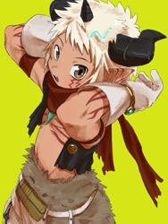 Size: 1536x2048 | Tagged: safe, artist:takeda conomi, aegiomon, digimon (species), fictional species, humanoid, cub, cubs only, male, males only, slender, solo cub, solo male, split form, young, digimon, black vest, body markings, brown eyes, brown fur, clothing, facial markings, fur, garter belt, gloves, goat horn, goat horns, grey hair, high-angle view, horns, loincloth, looking at you, looking up, looking up at you, navel, open clothing, open mouth, open smile, open vest, pointy ears, scarf, short hair, skimpy outfit, smiling, solo, vest, white gloves