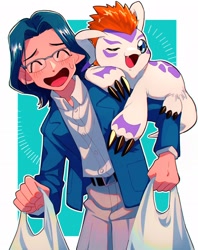 Size: 1622x2048 | Tagged: safe, artist:takeda conomi, gomamon (adventure), jou kido, digimon (species), gomamon, human, mammal, feral, male, males only, teen, young, digimon, digimon adventure, digimon adventure 02, blushing, bullying, carrying, closed eyes, duo, embarrassed, front view, fully clothed, glasses, leaning on elbow, nervous, nervous sweat, on front, on other's shoulders, on top of, one eye closed, open mouth, open smile, shopping bags, size difference, smiling, smug, standing