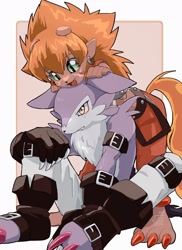 Size: 1494x2048 | Tagged: safe, artist:takeda conomi, digimon (species), flamemon, humanoid, strabimon, anthro, cub, cubs only, male, males only, young, young only, digimon, 3 toes, 4 fingers, bent over, blue fur, blush lines, blushing, brown fur, claws, clothing, cut horns, duo, earring, frown, fur, hair, hand on knee, horns, jewelry, leaning forward, leaning on partner, looking at another, looking down, one knee up, open mouth, pants, pointy ears, red hair, red pants, sitting, smiling, standing, suspenders, topless, white fur, white pants, yellow eyes