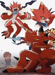 Size: 1494x2048 | Tagged: safe, artist:takeda conomi, gammamon (ghost game), betelgammamon, digimon (species), human, mammal, anthro, male, digimon, digimon ghost game, sketch page, 3 fingers, 3 horns, 3 toes, alternate species, blushing, brown hair, claws, crouching, duo, elemental manipulation, featureless chest, featureless crotch, fighting stance, fire, fire manipulation, frown, hair, horn, leaning on one arm, low-angle view, multiple poses, multiple scenes, open mouth, open smile, powering up, red body, rubbing head, scarf, scarf only, screaming, smiling, solo, solo focus, swiping, yellow eyes