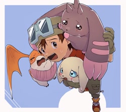 Size: 2048x1820 | Tagged: safe, artist:takeda conomi, cherubimon (frontier), ophanimon (frontier), seraphimon (frontier), takuya kanbara, digimon (species), human, lopmon, mammal, patamon, salamon, anthro, female, feral, male, semi-anthro, digimon, digimon frontier, alternate species, beady eyes, bodily fluids, brown body, brown fur, brown hair, carrying another, closed eyes, clothing, crying, eyewear, flying, fully clothed, fur, goggles, goggles on headwear, group, hair, haramaki, hat, headwear, high-angle view, horn, long ears, lop ears, nervous, nervous sweat, on other's shoulders, on top of, size difference, standing, tears, wide eyed