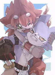 Size: 1511x2048 | Tagged: safe, artist:takeda conomi, digimon (species), flamemon, humanoid, strabimon, anthro, male, slender, digimon, digital, traditional, anger, barefoot, bottomwear, carrying another, claws, clothing, cut horns, duo, forced piggyback, front view, fur, gloves, gray fur, green eyes, grey body, hair, handwear, hug, hugging from behind, open mouth, open smile, pants, piggyback, red hair, smiling, snarling, topless, yellow eyes
