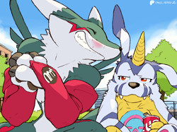 Size: 1250x937 | Tagged: safe, artist:dahecksajerry, oc:nameless character, digimon (species), gabumon, renamon, anthro, digimon, alternate version, cel shaded, armwear, black nose, blue body, blue fur, bruise, can, claws, clothing, container, daytime, duo, finger claws, fur, fur pelt, holding can, holding object, horn, nudity, outdoors, plant, size difference, sky, teeth, tree, white claws, yellow body, yellow fingers, yellow horn