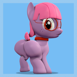 Size: 1080x1080 | Tagged: suggestive, artist:delilah dream, oc only, oc:delilah dream, equid, mammal, pony, chibi, cub, female, feral, girl, girls only, solo female, solo girl, young, my little pony, 3d render, digital, source filmmaker, butt, collar, featureless crotch, glasses, looking at you, looking back, looking back at you, rear view, short tail, solo, tail