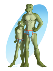 Size: 3000x4000 | Tagged: safe, artist:samareckk, amphibian, frog, anthro, plantigrade, cel shaded, abs, age difference, barefoot, briefs, bulge, closed smile, clothing, father, father and son, front view, hairless, hand on hip, hand on shoulder, looking at you, muscular/slender, nipples, parent, parent and child, pecs, size difference, smiling, son, standing, topless, underwear
