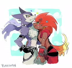 Size: 2200x2100 | Tagged: safe, artist:pirruwan, digimon (species), flamemon, strabimon, anthro, male, male/male, digimon, annoyed, arms around each other's back, awkward, belt, blushing, bottomwear, brown body, chest fluff, clothing, couple, duo, embarrassed, embrace, fur, gauntlets, gray fur, grey body, hair, hand on leg, pants, red hair, tail, topless, wagging tail