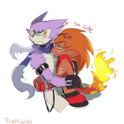 Size: 2000x2000 | Tagged: safe, artist:pirruwan, digimon (species), flamemon, humanoid, strabimon, anthro, male, male/male, digimon, digital, sketch, annoyed, arms around each other's back, awkward, belt, blushing, brown body, chest fluff, clothing, couple, duo, embarrassed, embrace, flaming tail, fur, gauntlets, gray fur, grey body, hair, heart, looking away, pants, red hair, tail, topless, wagging tail