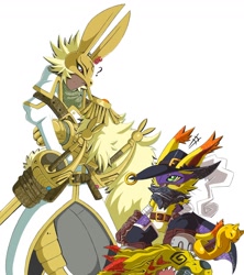 Size: 1156x1300 | Tagged: safe, artist:portugueselynx, diarbbitmon, digimon (species), nyabootmon, saberleomon, anthro, male, slender, digimon, armor, belt, boots, clothing, crossed arms, dubious, duo, footwear, fur, gloves, green eyes, handwear, headwear, helmet, looking at another, looking at each other, mask, melee weapon, rapier, shoes, size difference, smiling, spiral eyes, step pose, sword, talking, victory, weapon, wearing mask, whiskers, yellow body, yellow fur