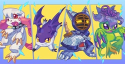 Size: 2000x1022 | Tagged: safe, artist:confeito000-333, alraumon, digimon (species), kotemon, labramon, tsukaimon, ambiguous gender, anthro, feral, semi-anthro, digimon, action pose, featureless crotch, fighting stance, flying, front view, kendo, line up, multiple scenes, tongue out
