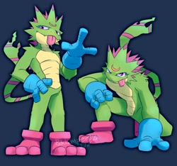 Size: 3200x3000 | Tagged: safe, artist:zackamperez, gekkomon (beatbreak), digimon (species), gekkomon, anthro, cub, cubs only, male, males only, solo cub, solo male, young, digimon, digimon beatbreak, 3 fingers, 3 toes, anthrofied, blep, clothing, crouching, feet, fingers, footwear, front view, gloves, green body, hand on hip, hand on knee, handwear, looking at you, on one knee, ribbon tail, shoes without socks, smiling, socks, solo, standing, toe socks, toes, tongue, tongue out, waving at you