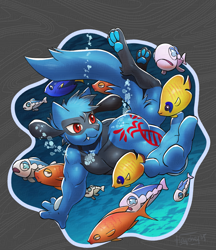 Size: 1725x2000 | Tagged: safe, artist:haychel, oc:ryle the riolu, fish, generation 4 pokemon, generation 7 pokemon, marine, pokemon (species), riolu, wishiwashi, anthro, cub, cub focus, cubs only, male, males only, muscular, semi-anthro, solo cub, solo male, young, pokémon, air bubble, arched back, barefoot, cheek bulge, clothing, digitigrade, holding breath, nudity, pawpads, solo, solo focus, swimming, tattoo, underwater