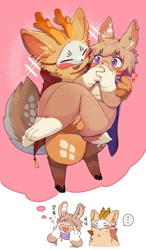 Size: 1167x1999 | Tagged: safe, artist:kuromu, lord rabbit, sibuxiang, cervid, deer, lagomorph, mammal, rabbit, anthro, chibi, cub, cubs only, male, male/male, young, young only, fabulous beasts, blushing, bridal carry, covering own mouth, digitigrade, fantasizing, imagination, looking at another, looking at each other, open mouth, scarf, scarf only, wide hips