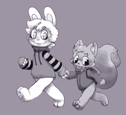 Size: 863x789 | Tagged: safe, artist:lambent, oc:byte the squirrel, oc:lambun, digital, fully shaded, monochrome, age difference, backpack, backsack, balls, barefoot, blushing, bottomless, buckteeth, clothing, drawstring, duo, featureless chest, fluffy tail, holding hands, hoodie, looking at partner, looking away, size difference, walking