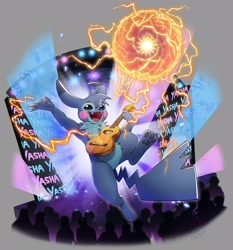 Size: 2328x2500 | Tagged: safe, artist:haychel, oc:stitchu, alien, experiment (species), fictional species, generation 1 pokemon, hybrid, pikachu, pokemon (species), anthro, lilo and stitch, pokémon, 3 toes, 5 fingers, action pose, audience, black nose, blue body, blue eyes, blue fur, blue pawpads, concert, dancing, energy, energy ball, featureless crotch, feet, fingers, fur, group, happy, holding musical instrument, lute, musical clef, musical instrument, notched tail, on stage, open mouth, open smile, pawpads, performing, pink cheeks, playing music, raised leg, smiling, stage, string instrument, text, toes, ukulele, uvula