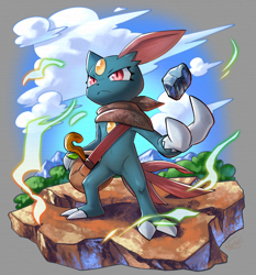 Size: 1862x2000 | Tagged: safe, artist:haychel, generation 2 pokemon, pokemon (species), sneasel, ambiguous gender, anthro, male, semi-anthro, pokémon, 2 fingers, 2 toes, bag, claw fingers, claw toes, claws, cloud, determination, elemental manipulation, featureless crotch, front view, frown, full-length portrait, landscape, outdoors, red eyes, rock, scarf, shoulder bag, sky, solo, standing, wand