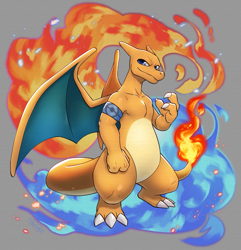 Size: 1931x2000 | Tagged: safe, artist:haychel, oc:eddy the charmeleon, charizard, generation 1 pokemon, pokemon (species), anthro, male, pokémon, 3 fingers, 3 toes, alternate species, armband, blue eyes, blue fire, claws, featureless chest, featureless crotch, fire, flaming tail, looking at you, orange body, smiling, solo, standing, tail, wide hips, wings