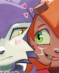 Size: 1450x1800 | Tagged: safe, artist:pirruwan, flamemon, strabimon, anthro/humanoid, cub, cub/cub, male, male/male, young, young/young, digimon, digital, blush lines, cheek to cheek, close-up, couple, cut horns, duo, embarrassed, facial markings, hair, hearts around head, open mouth, open smile, orange hair, smiling