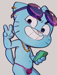 Size: 571x751 | Tagged: safe, artist:dandi, gumball watterson, cat, felid, mammal, anthro, chubby, cub, cubs only, male, males only, solo cub, solo male, young, the amazing world of gumball, sketch, bulge, clothing, ear piercing, front view, g-string, gesture, gold chain, holding phone, jewelry, looking at you, navel, necklace, nipples, smiling, smiling at you, solo, sunglasses, sunglasses on head, toothy grin, topless, v sign