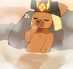 Size: 4084x3853 | Tagged: safe, artist:rinrindoujin, takeda hishimaru, canid, dog, kai-ken, mammal, anthro, chubby, cub, cubs only, male, males only, solo cub, solo male, young, mascot, yamanashi prefecture, digital, against rock, bathhouse, closed eyes, dripping sweat, hand on face, headwear, headwear only, in water, leaning back, navel, nipples, one arm down, onsen, partially submerged, sitting, solo, whiskers