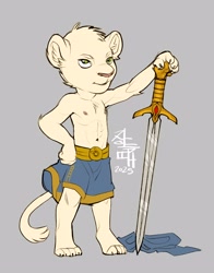 Size: 3300x4200 | Tagged: safe, artist:xxxbl00dwolfxxx, oc:prince constantin leon, big cat, felid, lion, mammal, anthro, athletic, cub, cubs only, male, males only, slender, solo cub, solo male, young, colored, flat colored, aged down, barefoot, belt, clothing, digitigrade, discarded clothing, fur, green eyes, hand on hip, hand on weapon, looking at you, navel, nipples, posing, solo, sword, sword in ground, topless, weapon, white fur