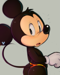 Size: 657x823 | Tagged: safe, artist:dandi, mickey mouse, mammal, mouse, rodent, anthro, cub, cubs only, male, males only, solo cub, solo male, young, disney, arched back, blushing, butt, clothing, g-string, gloves, looking back, nudity, open mouth, rodent tail, solo, topless