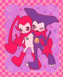 Size: 3354x4096 | Tagged: safe, artist:sommymon, digimon (species), impmon, pucchiemon, anthro, cub, cubs only, male, male/male, young, young only, digimon, colored, flat colored, 3 fingers, 3 toes, 5 fingers, arm around back, arm around shoulders, beady eyes, blushing, claw toes, duo, featureless chest, featureless crotch, fingers, fleshy horns, front view, gloves, heart, hug, kerchief, motion lines, neckerchief, one eye closed, open mouth, purple body, raised index finger, walking