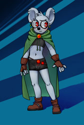 Size: 1492x2206 | Tagged: safe, artist:gcat, artist:green fr00g, oc:lunno feltzer, koala, mammal, marsupial, anthro, cub, cubs only, male, males only, slender, solo cub, solo male, young, blushing, bulge, cape, crop top, e621 dnp, fantasy, fingerless gloves, front view, frown, full-length portrait, glasses, looking away, mage, midriff, navel, one arm out, shoes without socks, shorts, solo, standing, tight clothing