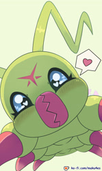 Size: 1831x3072 | Tagged: safe, artist:maku4es, digimon (species), wormmon, ambiguous gender, cub, cubs only, feral, solo cub, young, digimon, cel shaded, digital, antennae, close-up, heart pupils, looking at you, multi legs, rebus bubble, solo, speech bubble