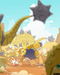 Size: 2048x2543 | Tagged: safe, artist:maku4es, ankylomon, armadillomon, digimon (species), tsubumon, upamon, feral, waddling head, digimon, digital, anger, arguing, blurred foreground, clubbed tail, cross-popping vein, crowd, evolutionary family, featureless crotch, foreground character, group, herd, landscape, one leg up, riding on back, side view, size difference, smiling, travelling, walking, weapon tail