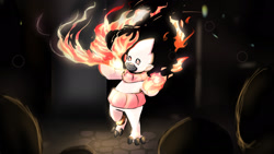 Size: 1920x1080 | Tagged: safe, artist:safitheartist, bokomon (frontier), bokomon, digimon (species), cub, cubs only, male, males only, semi-anthro, solo cub, solo male, young, digimon, digimon frontier, anklet, audience, beady eyes, darkness, faceless character, featureless crotch, fire manipulation, haramaki, on one leg, scarf, silhouette, solo, standing