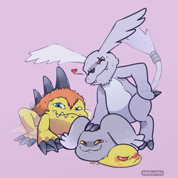 Size: 2000x2000 | Tagged: safe, artist:maku4es, digimon (species), gazimon, gizamon, pagumon, zurumon, anthro, feral, waddling head, digimon, evolutionary family, front view, group, group portrait, hand on head, leaning forward, leaning on one arm, looking at you, smiling, smiling at you, smug, webbed feet, wide hips, winking at you