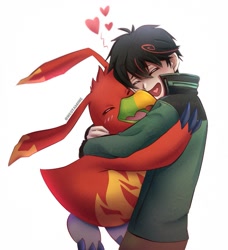 Size: 875x960 | Tagged: safe, artist:neotamine, muchomon (liberator), shoto kazama, digimon (species), human, mammal, muchomon, anthro, cub, male, semi-anthro, young, digimon, digimon liberator, black hair, blushing, closed eyes, clothing, duo, hair, half-length portrait, heart, hearts around head, hug, jacket, orange body, size difference, topwear