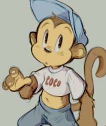 Size: 730x869 | Tagged: safe, artist:dandi, coco the monkey, mammal, monkey, primate, cub, cubs only, male, males only, slender, solo cub, solo male, young, kelloggs, mascot, colored, flat colored, sketch, ball cap, clothing, crop top, curious, hat, high-angle view, jeans, looking away, looking up, midriff, navel, one arm up, shirt, solo, t-shirt