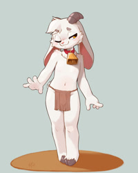 Size: 1400x1750 | Tagged: suggestive, artist:ajin, oc:ramsay hornbrook, bovid, caprine, goat, mammal, ungulate, anthro, boy, cub, male, young, 2 horns, 4 fingers, alternate version at source, amber eyes, arm tuft, arms down, bell, bell collar, blushing, bottomwear, brown clothing, brown loincloth, bulge, cheek tuft, closed smile, clothing, collar, cowbell, eyebrow through hair, eyebrows, facial tuft, featureless chest, fingers, floppy ears, fur, grey eyebrows, hair, half-closed eyes, hooves, horizontal pupils, horn, horns, loincloth, looking away, lop ears, mouth closed, narrowed eyes, navel, neck tuft, one eye closed, pink inner ear, pinup, posing, pupils, red collar, short tail, shoulder tuft, smiling, solo, tail, topless, translucent, translucent hair, tuft, white body, white fur, white tail