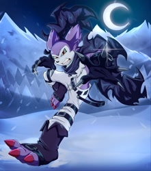 Size: 1131x1280 | Tagged: safe, artist:tylerfoxxe, strabimon, anthro, male, males only, solo male, digimon, action pose, claws, clothing, front view, gloves, landscape, outdoors, pants, reaching out, running, scarf, snarling, solo, toeless shoes, topless, winter