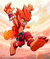 Size: 1701x2000 | Tagged: safe, artist:tylerfoxxe, flamemon, anthro, male, males only, slender, solo male, digimon, digimon frontier, arms up, barefoot, bracer, clothing, elemental manipulation, fire breathing, fire manipulation, jumping, low-angle view, open mouth, pants, running, solo, topless