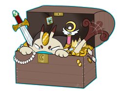 Size: 1000x750 | Tagged: safe, artist:roguemorpho, oc:beck fortunato, generation 1 pokemon, meowth, pokemon (species), male, males only, solo male, pokémon, colored, flat colored, curly tail, gold (metal), guarding, narrowed eyes, solo, tail, treasure, treasure chest, wagging tail