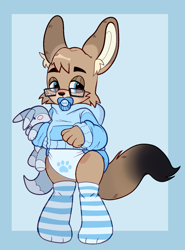 Size: 1141x1538 | Tagged: safe, artist:puddinpupi, oc only, oc:fenris (fenristhefen), canid, fennec, fox, mammal, anthro, boy, cub, cubs only, male, solo boy, solo cub, solo male, young, colored, digital, blue eyes, brown body, clothing, diaper, eyewear, full-length portrait, glasses, holding object, hoodie, legwear, narrowed eyes, pacifier, pacifier in mouth, plushie, solo, standing, thigh highs, topwear, toy