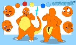 Size: 2000x1181 | Tagged: safe, artist:had0u, oc:caramel (sleepybrady), charmander, generation 1 pokemon, pokemon (species), anthro, fat, male, males only, semi-anthro, solo male, pokémon, colored, digital, flat colored, reference sheet, alternate version at source, anger, bottomless, butt, clothing, color swatch, cross-popping vein, expressions, featureless crotch, flaming tail, front view, hand on hip, horny face, jacket, licking lips, looking at you, multiple angles, open clothing, open jacket, open mouth, open smile, posing, rear view, silly face, smiling, smiling at you, solo, standing, wide hips, winking at you