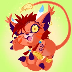 Size: 2000x2000 | Tagged: safe, artist:bdangart, red xiii, chibi, cub, cubs only, feral, male, males only, solo cub, solo male, young, final fantasy, digital, lineless, action pose, bracelet, digimon style, feather in hair, flaming tail, front view, looking at you, one eye, open mouth, open smile, smiling, solo, style parody