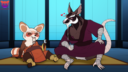 Size: 1920x1080 | Tagged: safe, artist:doritomon, master shifu, splinter, ailurid, mammal, murid, rat, red panda, rodent, adult, anthro, male, male/male, males only, man, kung fu panda, teenage mutant ninja turtles, arm wraps, asian clothing, barefoot, beard, blushing, brown body, closed eyes, clothing, detailed background, drunk, duo, elderly, eyes closed, facial hair, foot wraps, front view, fundoshi, heart, hearts around head, japanese clothing, leaning back, leaning on one arm, leg wraps, looking at another, off shoulder, on floor, one knee up, open legs, robe, sitting, size difference, substance intoxication, underwear, white clothing, white fundoshi, white underwear, wraps