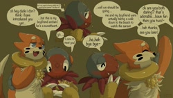 Size: 2143x1206 | Tagged: safe, artist:qrnrr, aerial explorer archen, marine explorer buizel, archen, buizel, generation 4 pokemon, generation 5 pokemon, pokemon (species), male, male/male, semi-anthro, pokemon mystery dungeon, pokémon, sketch page, blushing, caption, closed eyes, couple, dialogue, duo, english text, gesture, off-screen character, open mouth, open smile, sequence, shy, smiling, solo, speech bubble, talking, waving