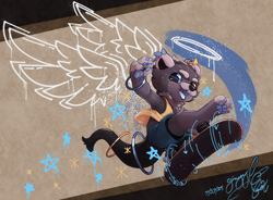 Size: 1250x919 | Tagged: safe, artist:gingy k fox, oc:chase (chaseinfinity), binturong, mammal, viverrid, anthro, cub, cubs only, male, males only, solo cub, solo male, young, action pose, barefoot, bottomwear, clothing, glow rings, graffiti, halo, heterochromia, looking at you, looking down, looking down at you, low-angle view, one arm out, open mouth, shirt, shorts, skateboard, skateboarding, solo, sports, tongue out, topwear, vehicle, whiskers, wings