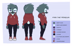 Size: 3832x2437 | Tagged: safe, artist:limettin, oc:finn the penguin, avian, bird, penguin, anthro, cub, cubs only, male, males only, solo cub, solo male, young, cel shaded, reference sheet, alternate version at source, arms down, clothing, color swatch, earphones, earphones around neck, english text, front view, full-length portrait, fully clothed, half-closed eyes, hood down, hoodie, multiple angles, pants, posing, rear view, shoes, side view, sneakers, solo, standing