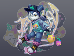 Size: 3711x2792 | Tagged: safe, artist:gearwurk, oc:nameless character, digimon (species), impmon, ambiguous gender, anthro, cub, cubs only, male, solo cub, young, digimon, action pose, alternate version at source, ball cap, belly, black clothing, blep, blue baseball cap, blue body, blue clothing, blue eyebrows, blue eyes, blue gloves, blue hat, blue sweater, blue tail, bomb, bottomless, clothing, emoticon, explosives, eyebrows, fang, featureless crotch, feet, fingerless gloves, footwear, gloves, graffiti, handwear, hat, headwear, heterochromia, looking at you, loose clothing, multicolored sweater, pink clothing, posing, pupils, slit pupils, solo, spread arms, sweater, tail, teeth, tongue, tongue out, topwear, white belly, white body, white feet, white fingers, white tail, x eyes, yellow eyes