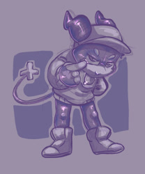 Size: 805x969 | Tagged: safe, artist:gearwurk, oc:nameless character, digimon (species), impmon, ambiguous gender, anthro, cub, cubs only, solo cub, young, digimon, monochrome, sketch, arm behind head, ball cap, bent over, blush lines, bottomless, clothing, eyelid pull taunt, fleshy horns, hat, looking at you, shoes, shoes without socks, sneakers, solo, standing, sweater, taunting, tongue out