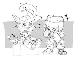 Size: 2000x1544 | Tagged: safe, artist:gearwurk, digimon (species), kumamon, nyabootmon, anthro, cub, cubs only, male, males only, young, young only, digimon, lines, monochrome, sketch, arm behind back, closed eyes, duo, finger to mouth, laughing, open mouth, open smile, outfit swap, sitting, smiling, standing, toothy grin, whiskers