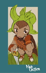 Size: 1271x1999 | Tagged: safe, artist:notdaylen, oc:chester the chespin, chespin, generation 6 pokemon, pokemon (species), anthro, cub, cubs only, male, males only, solo cub, solo male, young, pokemon mystery dungeon, pokémon, colored, flat colored, sketchy, anthrofied, fingerless gloves, hand on sword, high-angle view, leaning on one arm, looking at you, looking up, looking up at you, poncho, sandals, solo, standing, sword in ground
