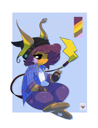 Size: 1481x1920 | Tagged: safe, artist:lovespell, unknown oc, generation 1 pokemon, pokemon (species), raichu, cub, cubs only, female, females only, semi-anthro, solo cub, solo female, young, pokémon, beanie, color swatch, fully clothed, gesture, hair, looking at you, open clothing, open shirt, shirt, side view, sitting, solo, v sign, wide hips